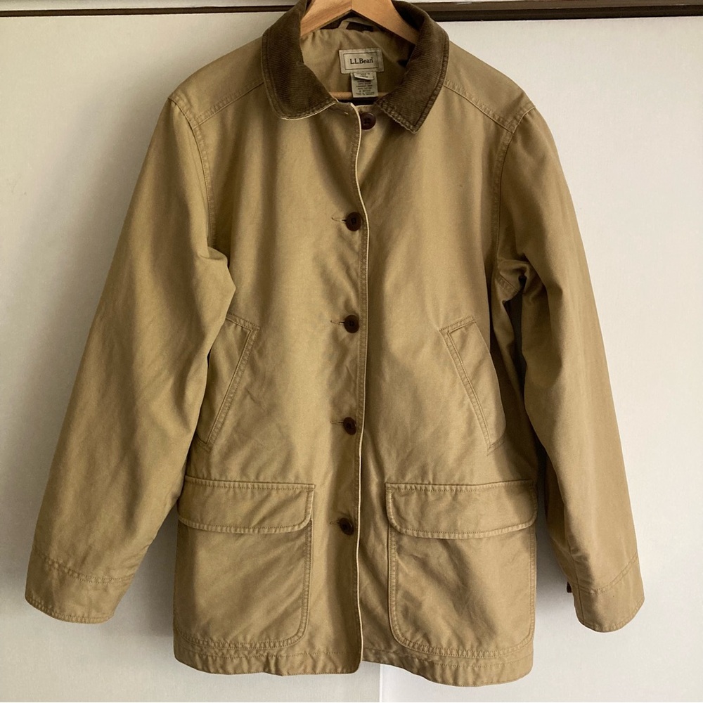 L.L. Bean VTG Women’s Lined Chore Barn Tan Khaki Jacket w Corduroy Trim, Sz L - Picture 4 of 14